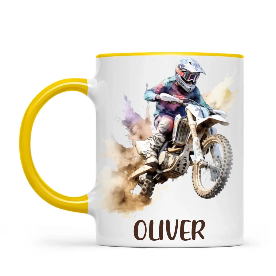 Personalised with Name, Motocross Dirt Bike Kids Mug – Customised Off-Road Motorbike Cup for Children – Available in 11oz, 6oz & Enamel Options
