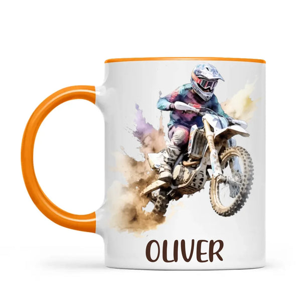 Personalised with Name, Motocross Dirt Bike Kids Mug – Customised Off-Road Motorbike Cup for Children – Available in 11oz, 6oz & Enamel Options