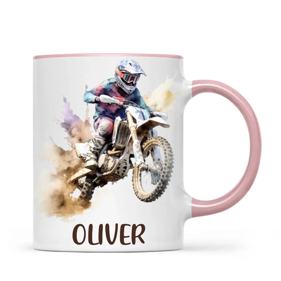 Personalised with Name, Motocross Dirt Bike Kids Mug – Customised Off-Road Motorbike Cup for Children – Available in 11oz, 6oz & Enamel Options