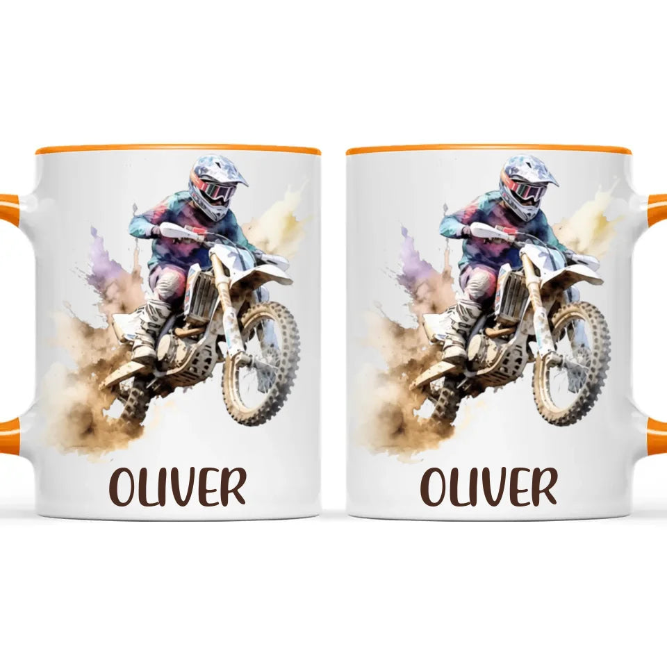 Personalised with Name, Motocross Dirt Bike Kids Mug – Customised Off-Road Motorbike Cup for Children – Available in 11oz, 6oz & Enamel Options