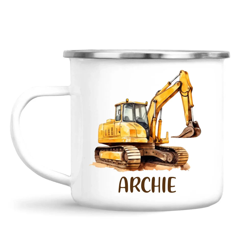 Personalised with Name, Digger Excavator Kids Mug – Custom Construction Vehicle Cup for Children – Available in 11oz, 6oz & Enamel