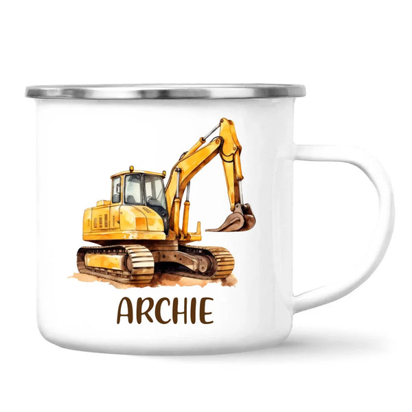 Personalised with Name, Digger Excavator Kids Mug – Custom Construction Vehicle Cup for Children – Available in 11oz, 6oz & Enamel