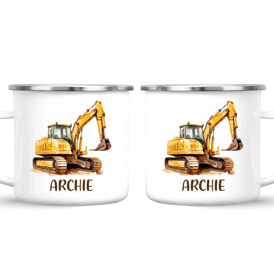 Personalised with Name, Digger Excavator Kids Mug – Custom Construction Vehicle Cup for Children – Available in 11oz, 6oz & Enamel