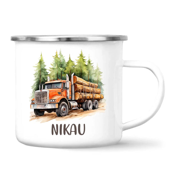Personalised with Name, Orange Logging Truck Kids Mug – Custom Forest Truck Cup for Children – Available in 11oz, 6oz & Enamel