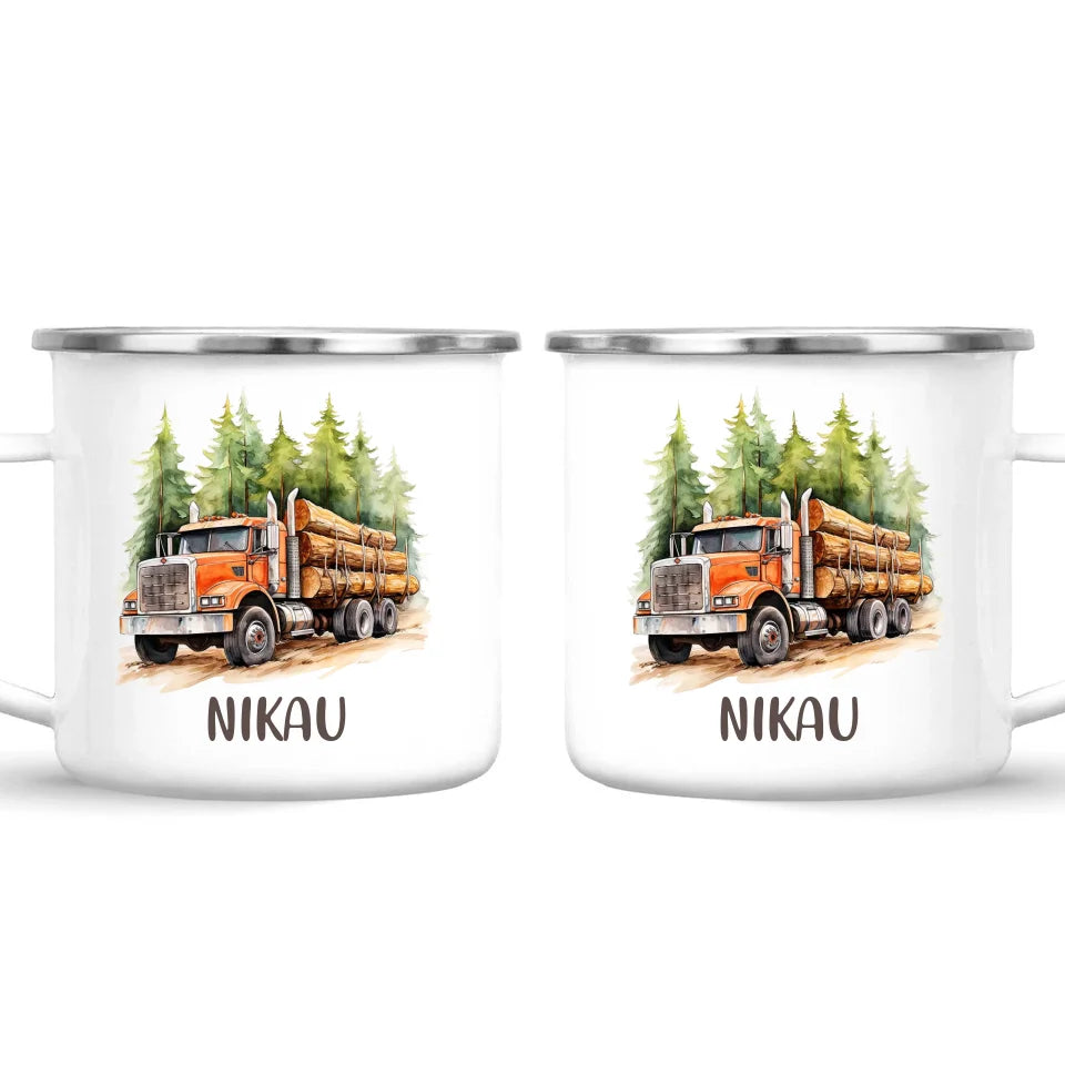 Personalised with Name, Orange Logging Truck Kids Mug – Custom Forest Truck Cup for Children – Available in 11oz, 6oz & Enamel