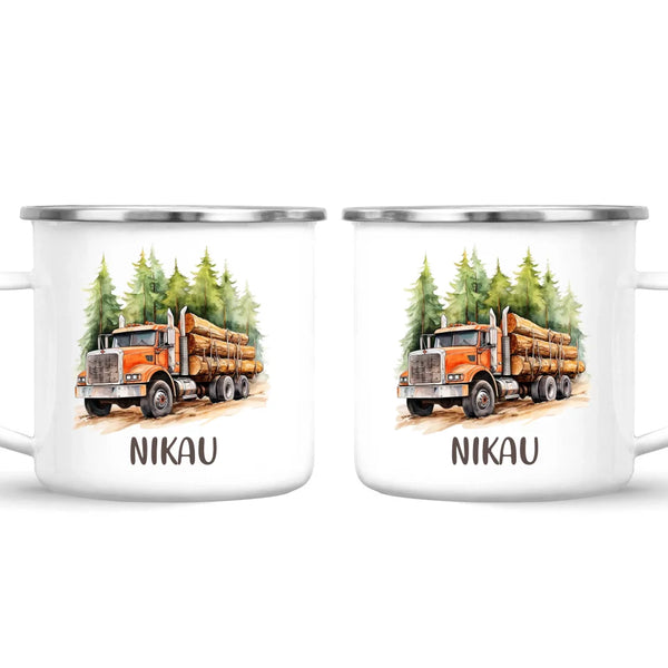 Personalised with Name, Orange Logging Truck Kids Mug – Custom Forest Truck Cup for Children – Available in 11oz, 6oz & Enamel