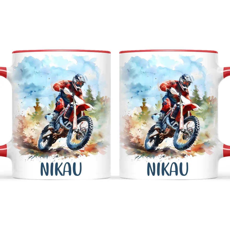 Personalised with Name, Red Motocross Rider Kids Mug – Customised Dirt Bike Racing Cup for Children – Available in 11oz, 6oz & Enamel Options