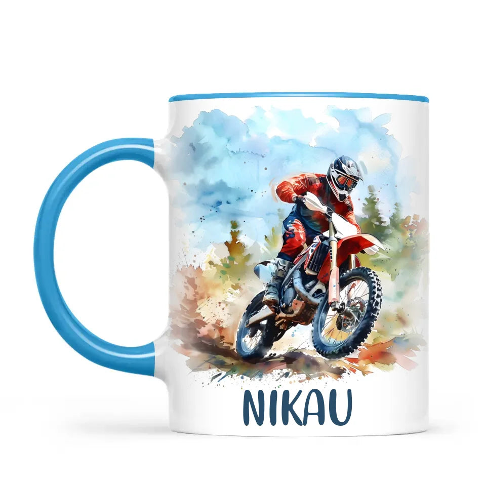 Personalised with Name, Red Motocross Rider Kids Mug – Customised Dirt Bike Racing Cup for Children – Available in 11oz, 6oz & Enamel Options