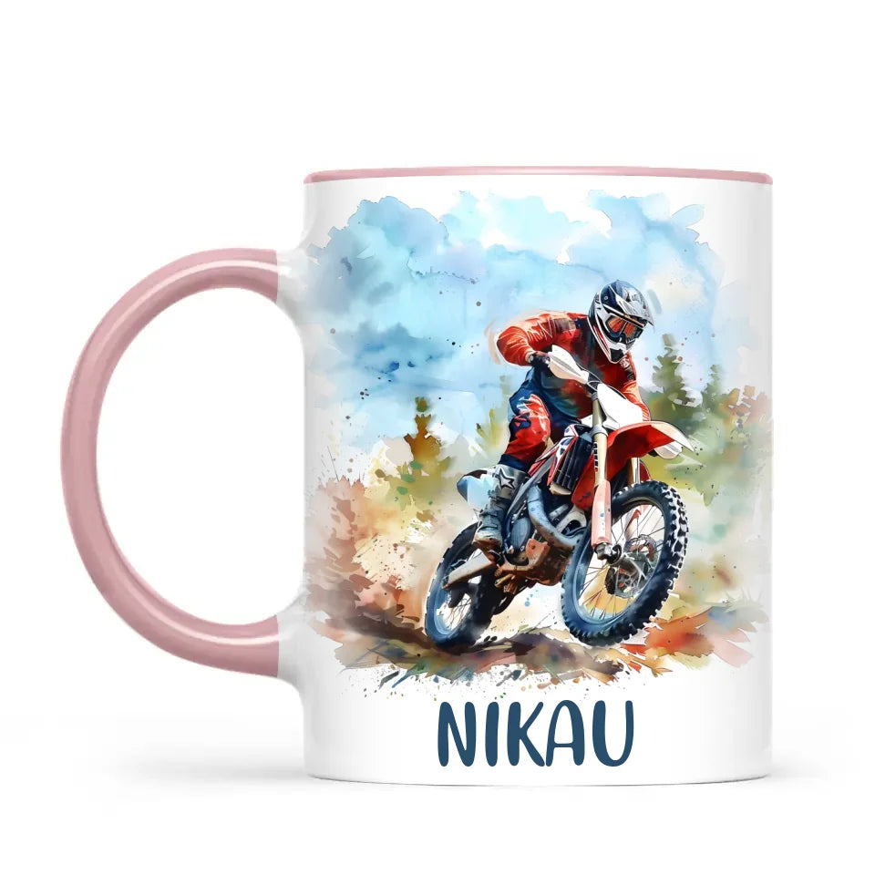 Personalised with Name, Red Motocross Rider Kids Mug – Customised Dirt Bike Racing Cup for Children – Available in 11oz, 6oz & Enamel Options