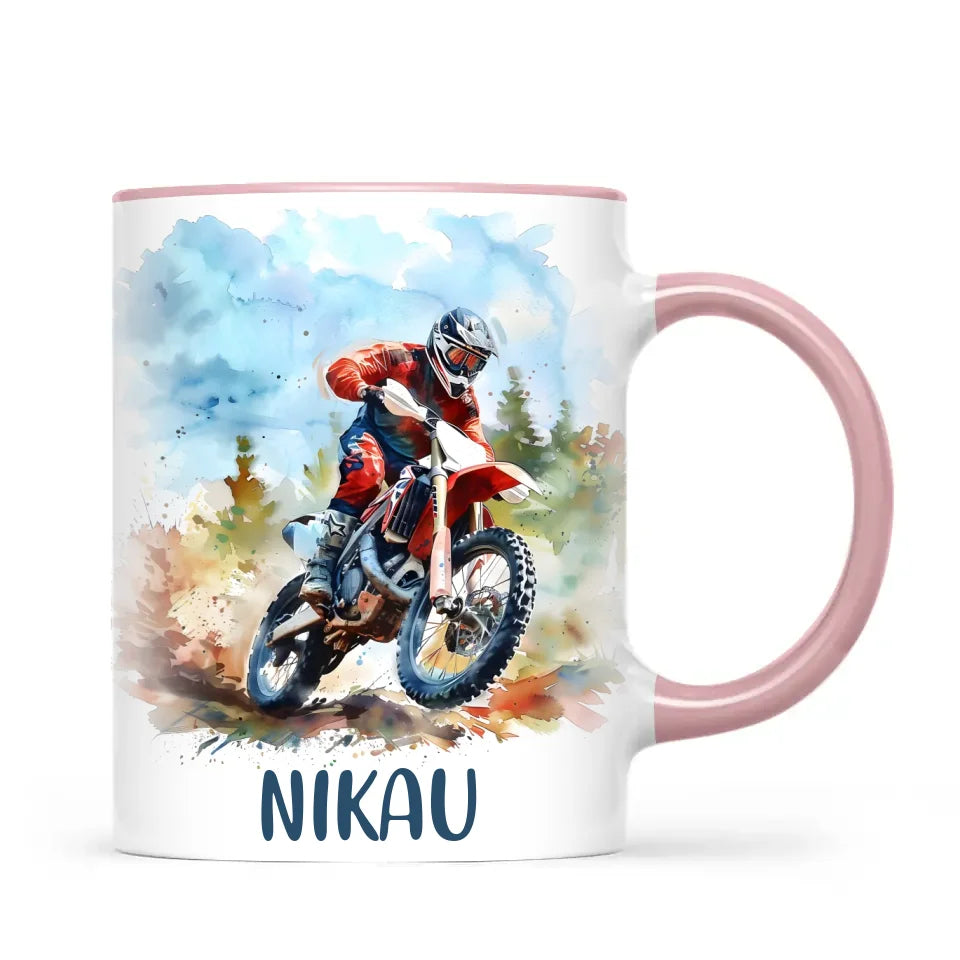 Personalised with Name, Red Motocross Rider Kids Mug – Customised Dirt Bike Racing Cup for Children – Available in 11oz, 6oz & Enamel Options