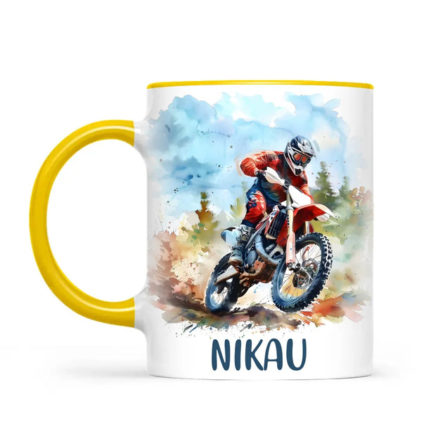 Personalised with Name, Red Motocross Rider Kids Mug – Customised Dirt Bike Racing Cup for Children – Available in 11oz, 6oz & Enamel Options