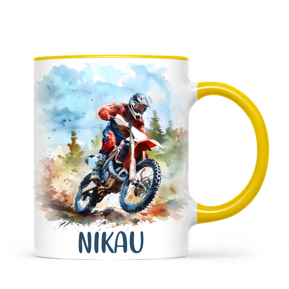 Personalised with Name, Red Motocross Rider Kids Mug – Customised Dirt Bike Racing Cup for Children – Available in 11oz, 6oz & Enamel Options