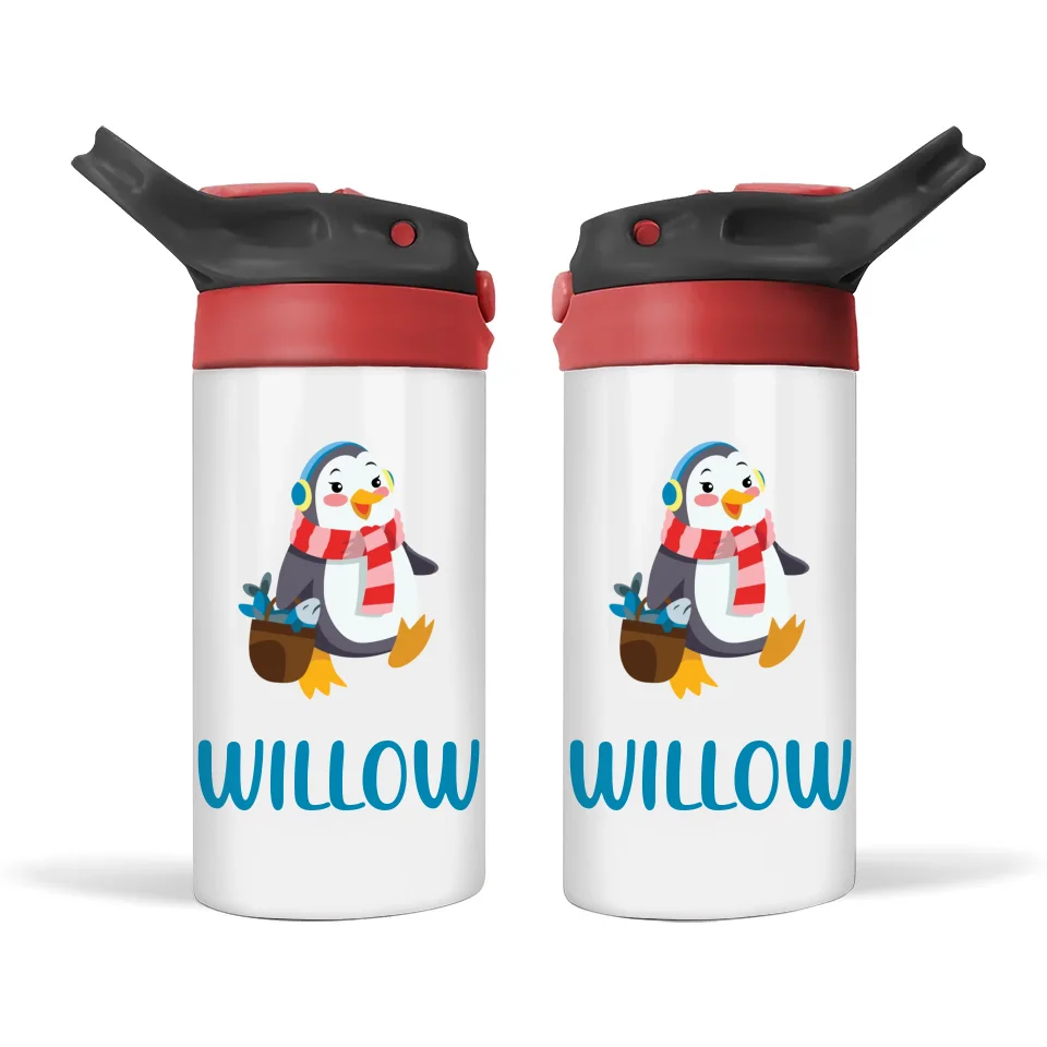 Personalised with Name, Double-Walled Penguin Kids Bottle – Customised Winter-Themed Drink Bottle for Kids