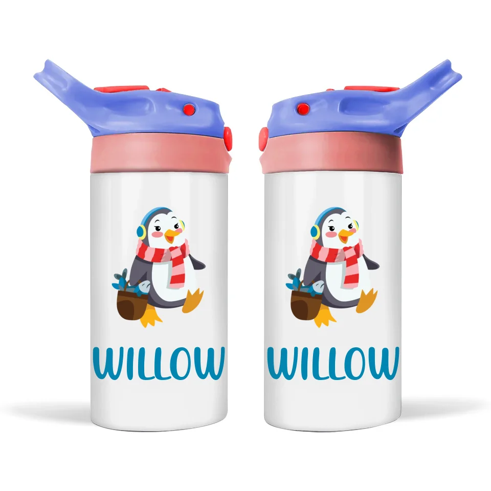 Personalised with Name, Double-Walled Penguin Kids Bottle – Customised Winter-Themed Drink Bottle for Kids