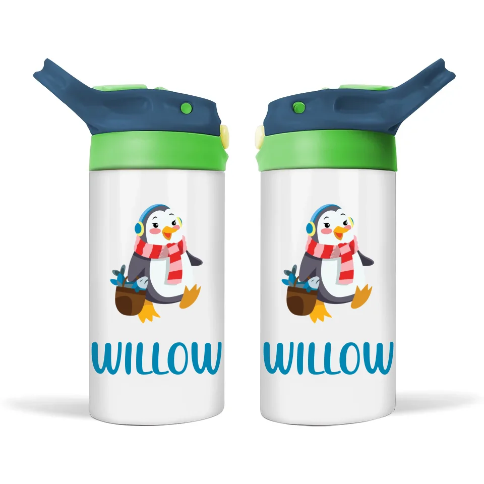 Personalised with Name, Double-Walled Penguin Kids Bottle – Customised Winter-Themed Drink Bottle for Kids