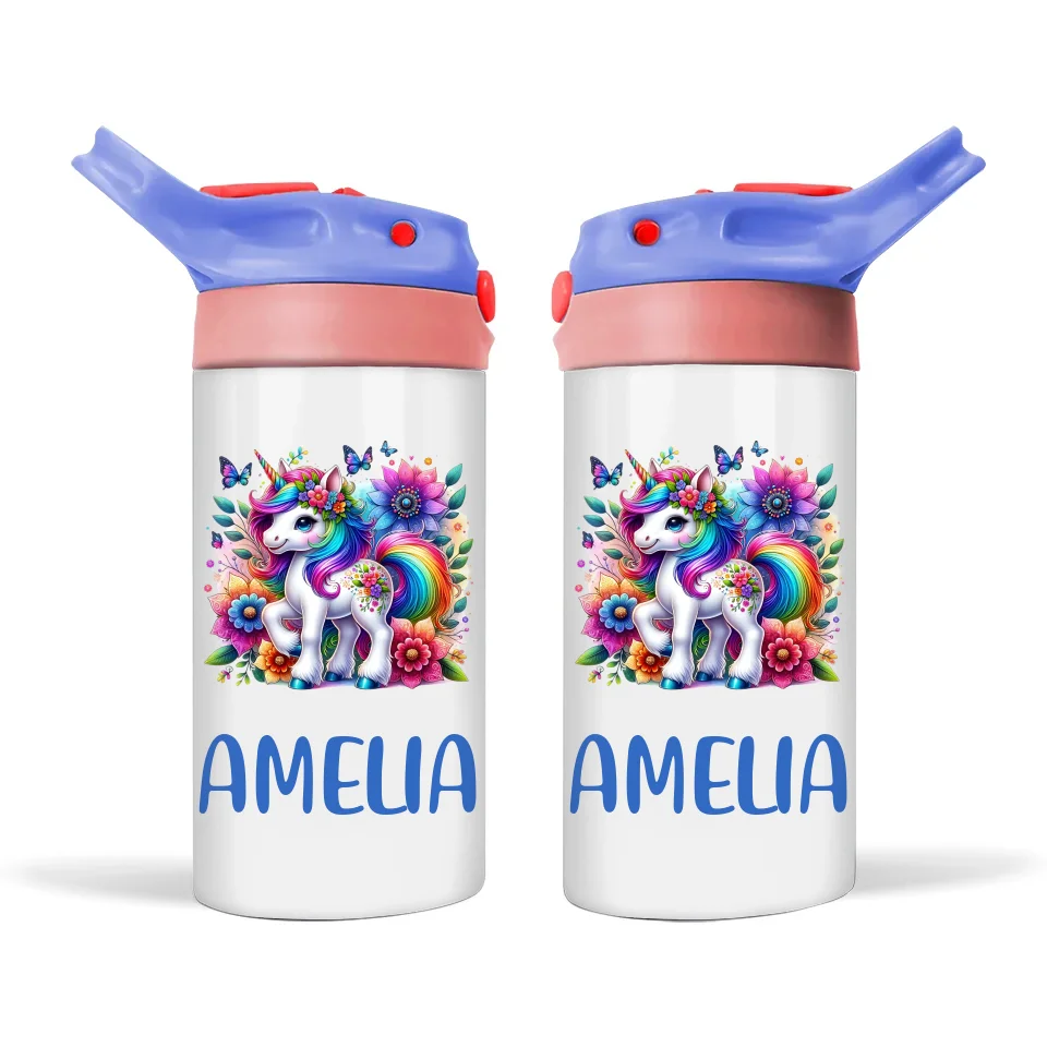 Rainbow Unicorn Fun - Personalised Sippy Bottle