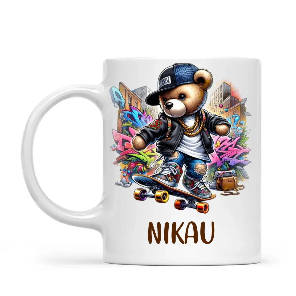 Personalised Kids Skateboarding Mug β Custom Urban Teddy Bear Design