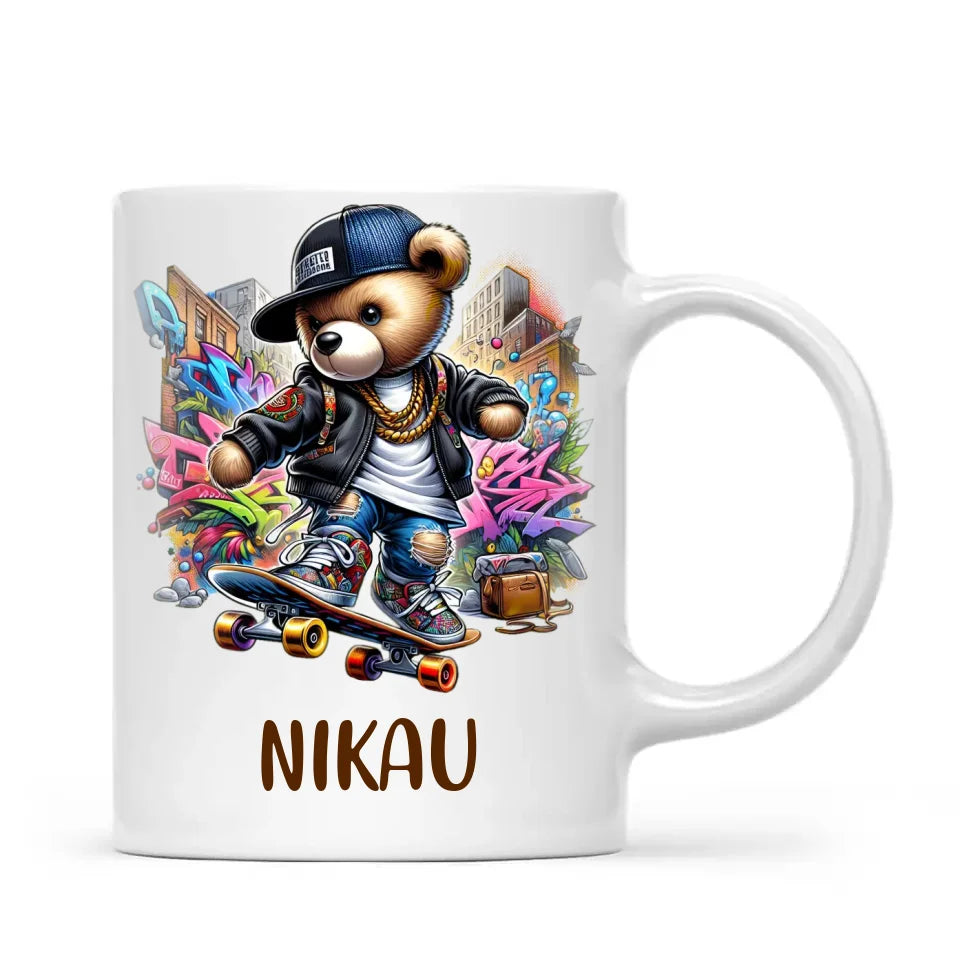 Personalised Kids Skateboarding Mug β Custom Urban Teddy Bear Design