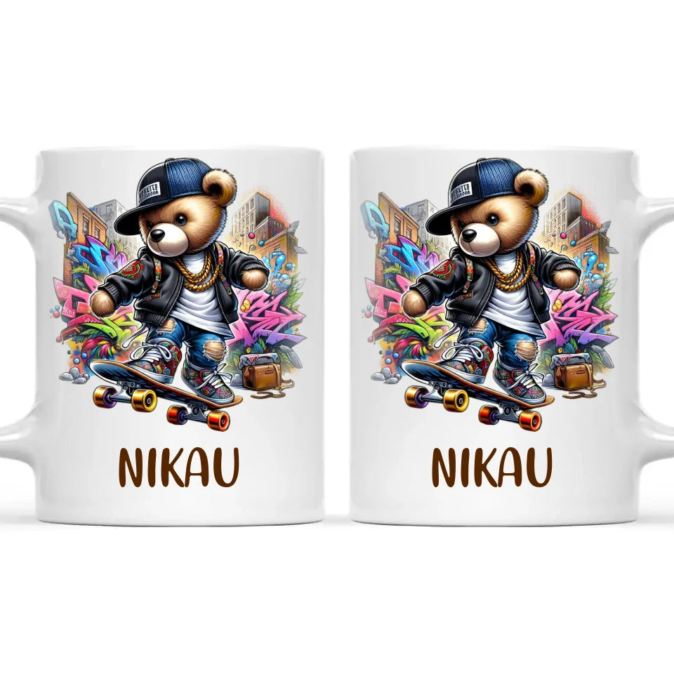 Personalised Kids Skateboarding Mug β Custom Urban Teddy Bear Design