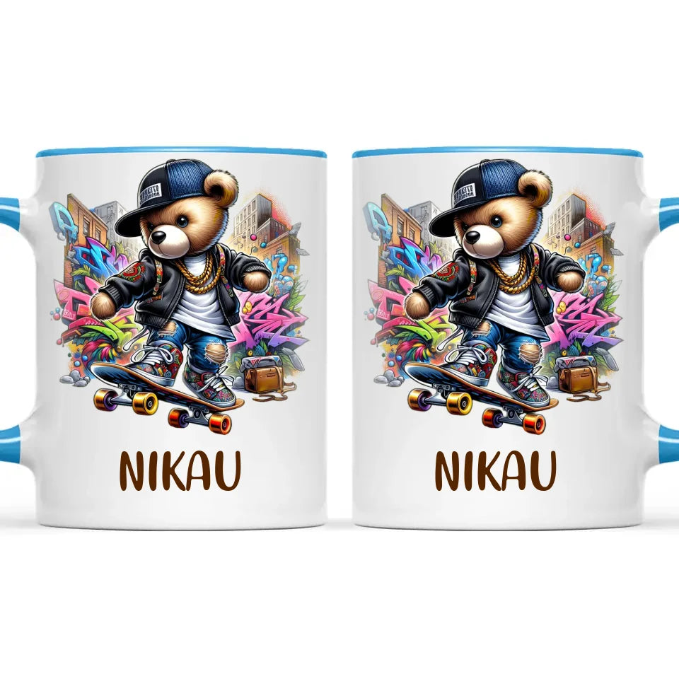 Personalised Kids Skateboarding Mug β Custom Urban Teddy Bear Design