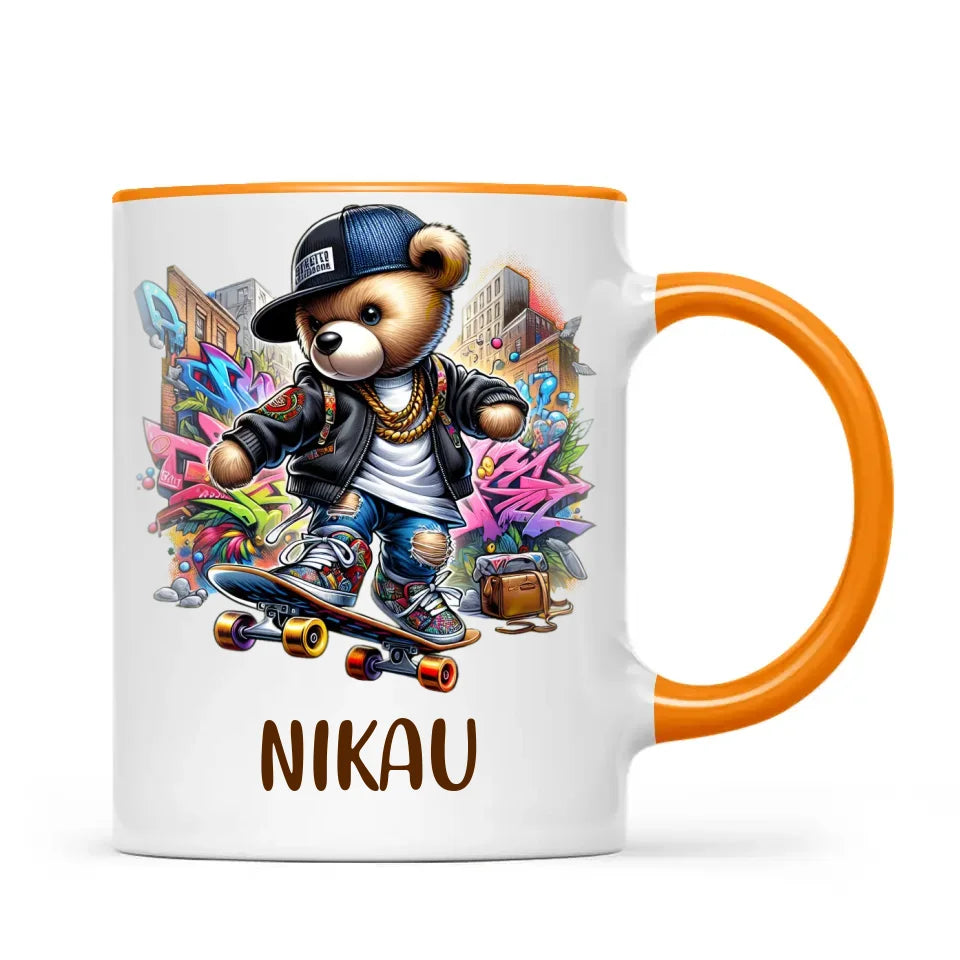 Personalised Kids Skateboarding Mug β Custom Urban Teddy Bear Design