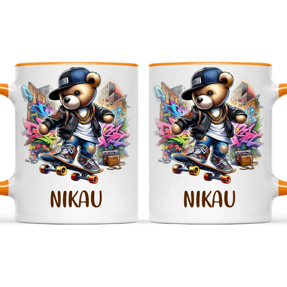 Personalised Kids Skateboarding Mug β Custom Urban Teddy Bear Design