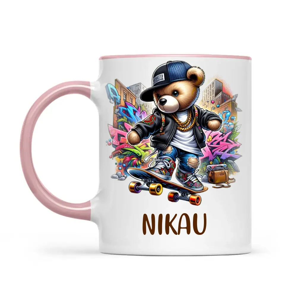 Personalised Kids Skateboarding Mug β Custom Urban Teddy Bear Design