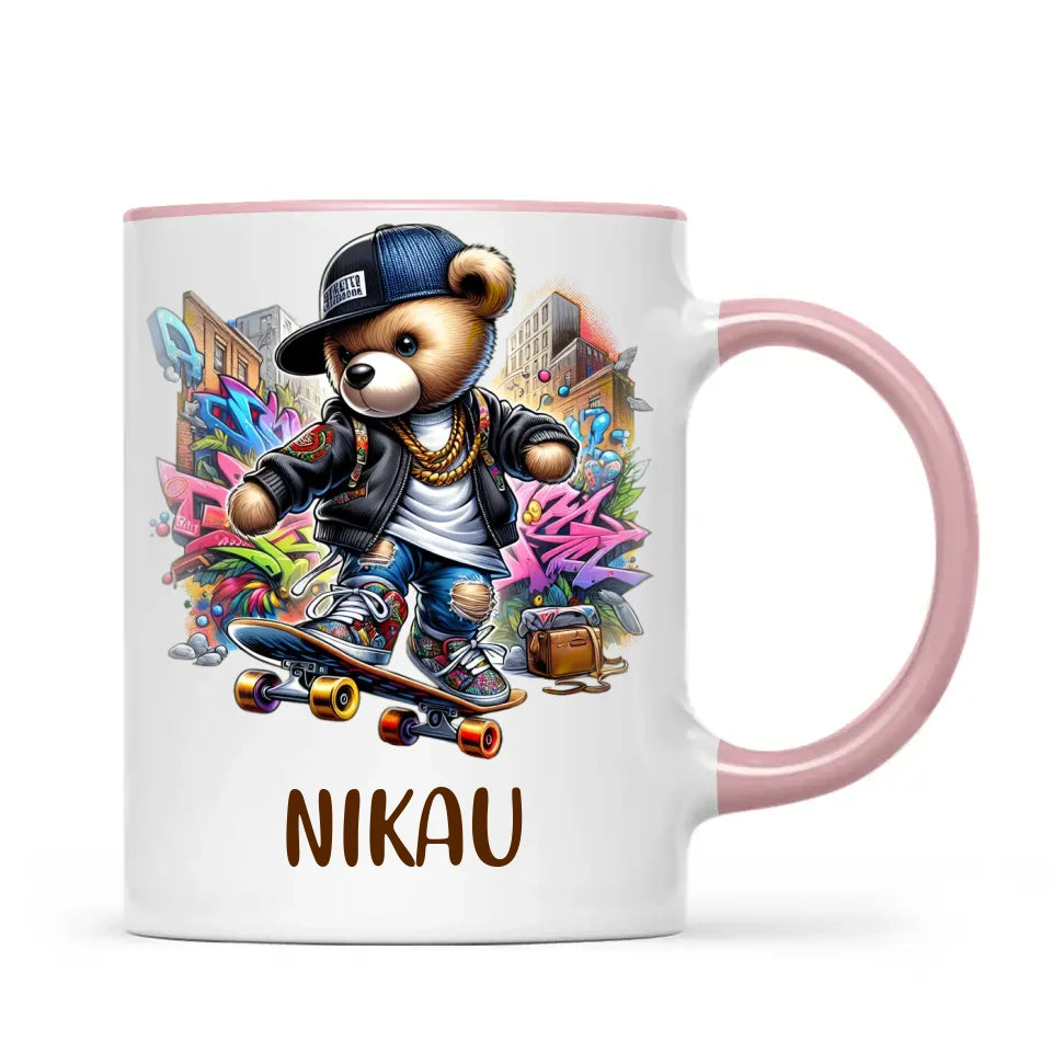 Personalised Kids Skateboarding Mug β Custom Urban Teddy Bear Design