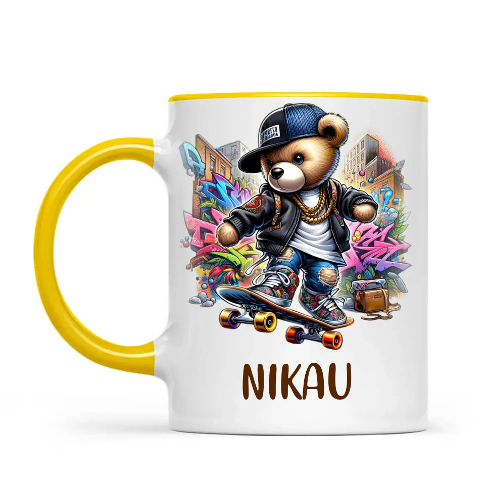 Personalised Kids Skateboarding Mug β Custom Urban Teddy Bear Design