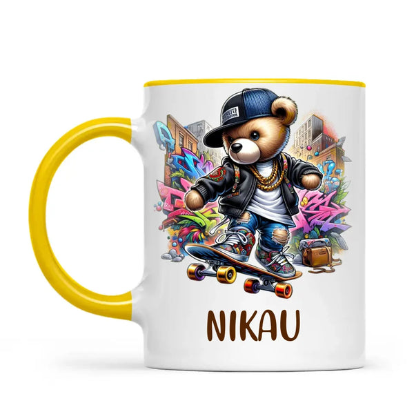 Personalised Kids Skateboarding Mug β Custom Urban Teddy Bear Design