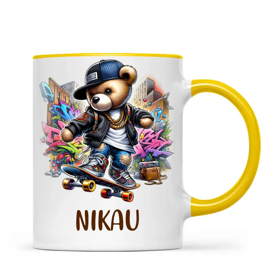 Personalised Kids Skateboarding Mug β Custom Urban Teddy Bear Design
