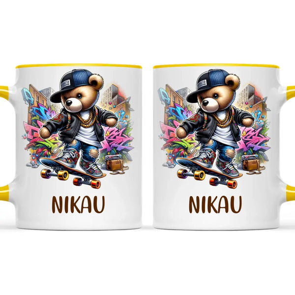 Personalised Kids Skateboarding Mug β Custom Urban Teddy Bear Design