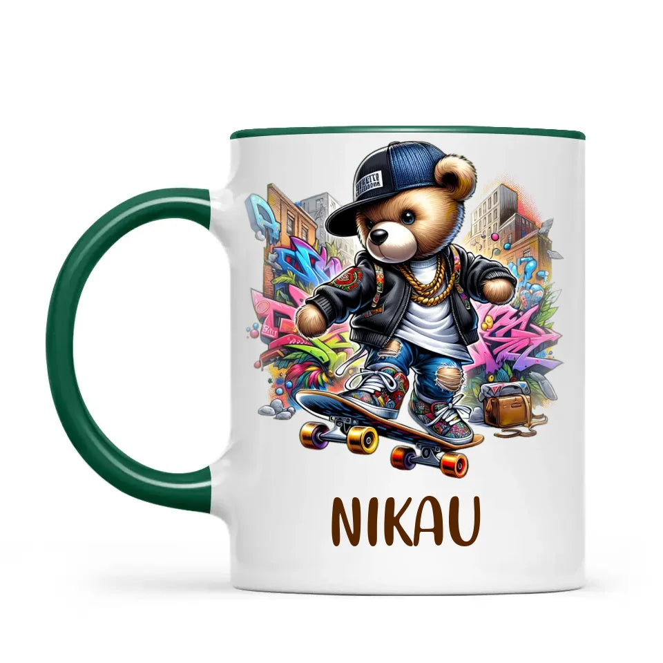 Personalised Kids Skateboarding Mug β Custom Urban Teddy Bear Design