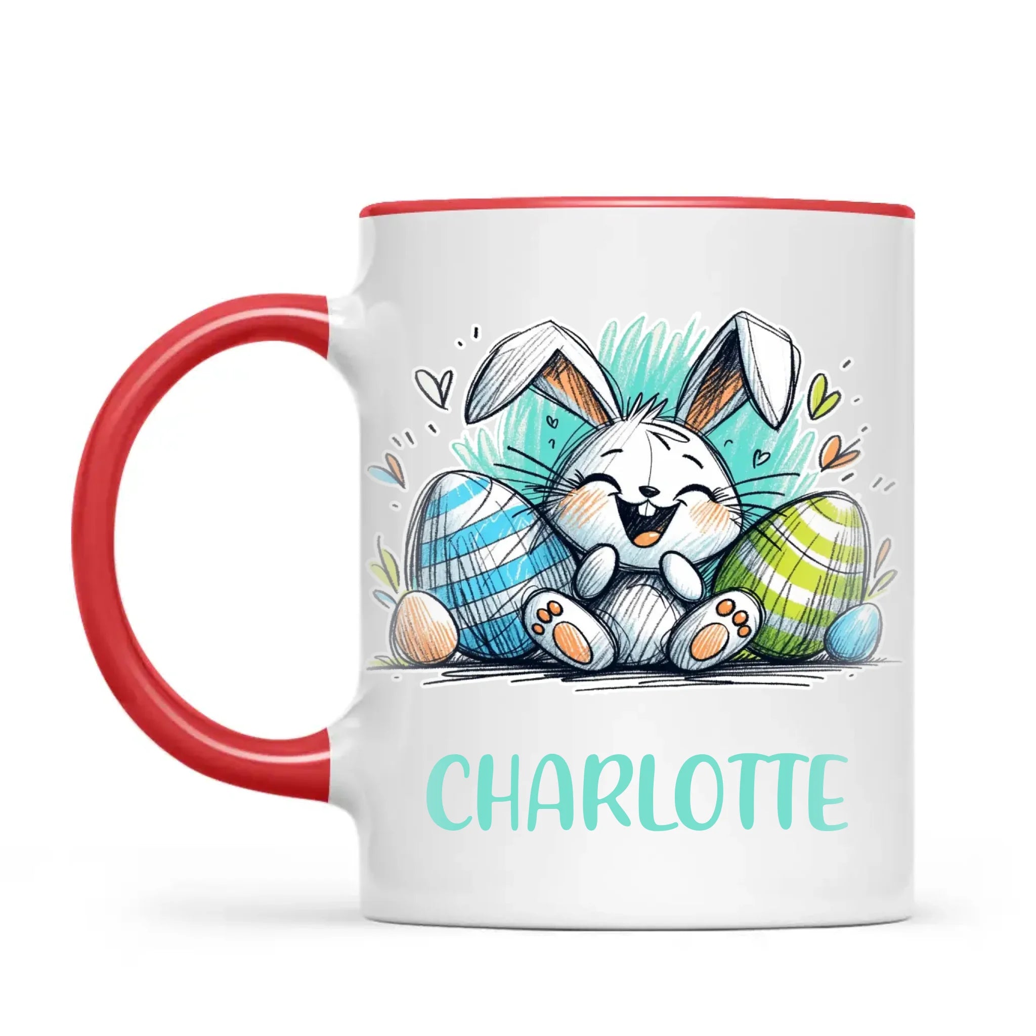 Personalised Easter Bunny Mug – Custom Name Cup for Kids – Happy Sketch Bunny with Colourful Eggs – Ceramic or Enamel – NZ Made