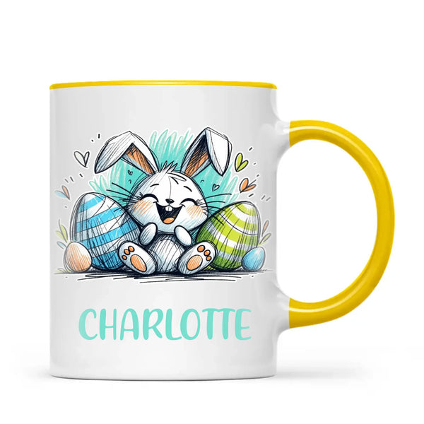 Personalised Easter Bunny Mug – Custom Name Cup for Kids – Happy Sketch Bunny with Colourful Eggs – Ceramic or Enamel – NZ Made