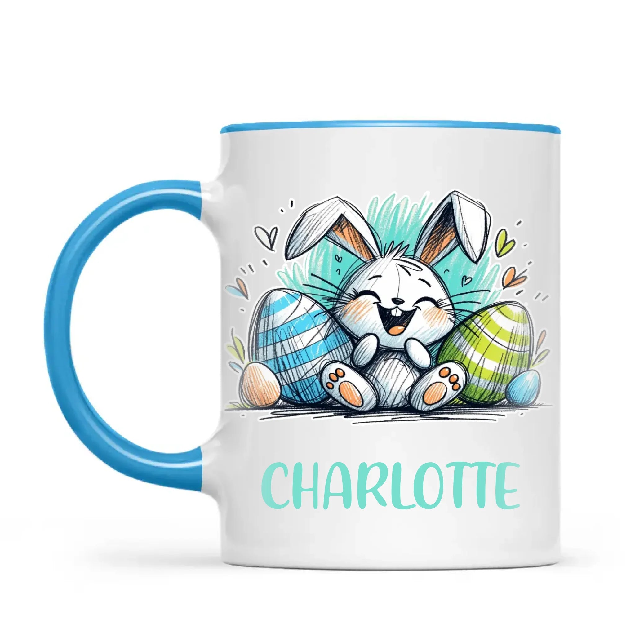 Personalised Easter Bunny Mug – Custom Name Cup for Kids – Happy Sketch Bunny with Colourful Eggs – Ceramic or Enamel – NZ Made