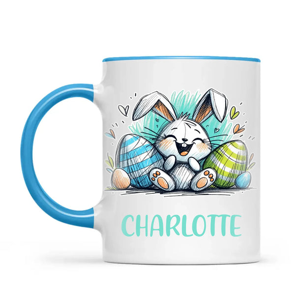 Personalised Easter Bunny Mug – Custom Name Cup for Kids – Happy Sketch Bunny with Colourful Eggs – Ceramic or Enamel – NZ Made