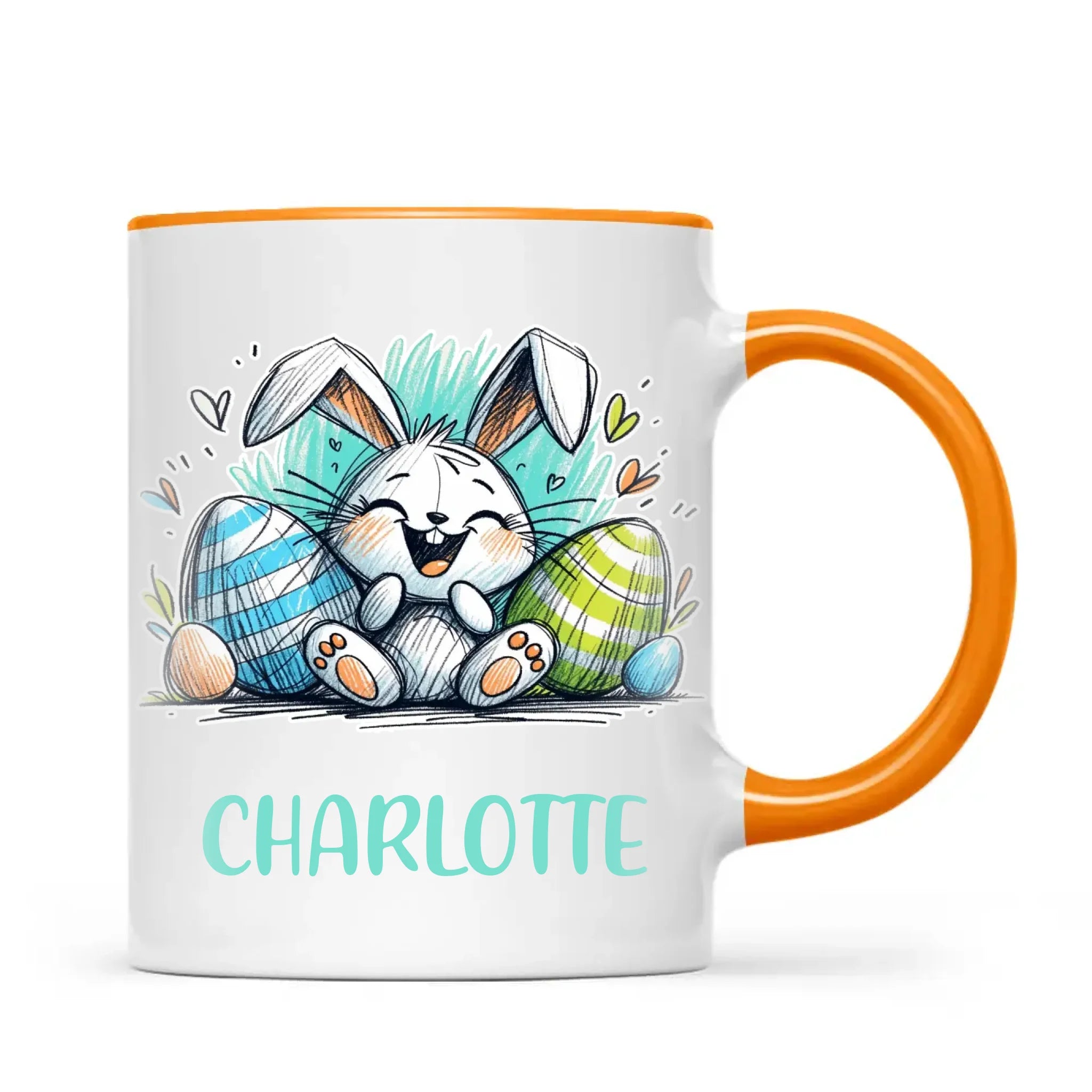 Personalised Easter Bunny Mug – Custom Name Cup for Kids – Happy Sketch Bunny with Colourful Eggs – Ceramic or Enamel – NZ Made