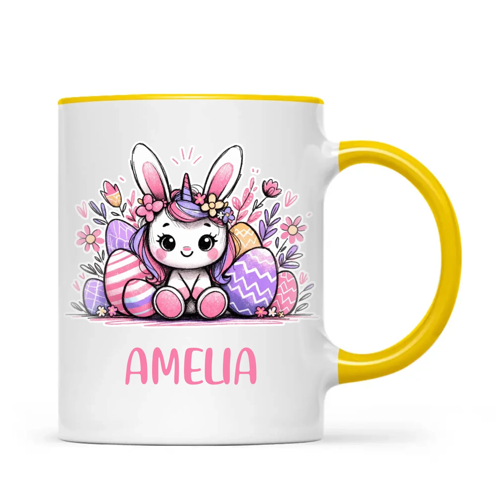 Personalised Easter Bunnycorn Mug – Custom Name Cup for Girls – Cute Unicorn Bunny with Flowers & Eggs – Ceramic or Enamel – NZ Made Gift