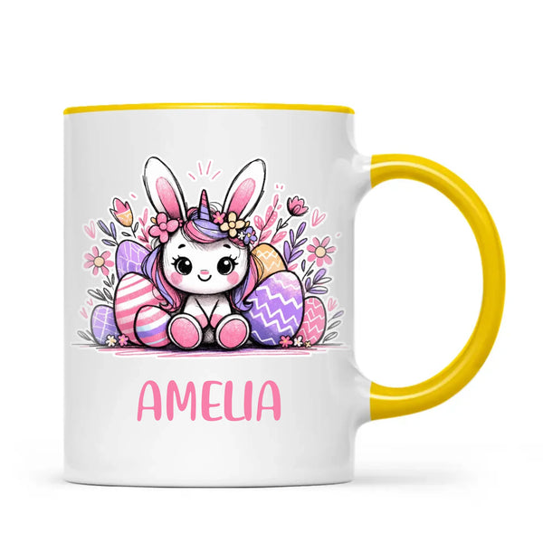 Personalised Easter Bunnycorn Mug – Custom Name Cup for Girls – Cute Unicorn Bunny with Flowers & Eggs – Ceramic or Enamel – NZ Made Gift