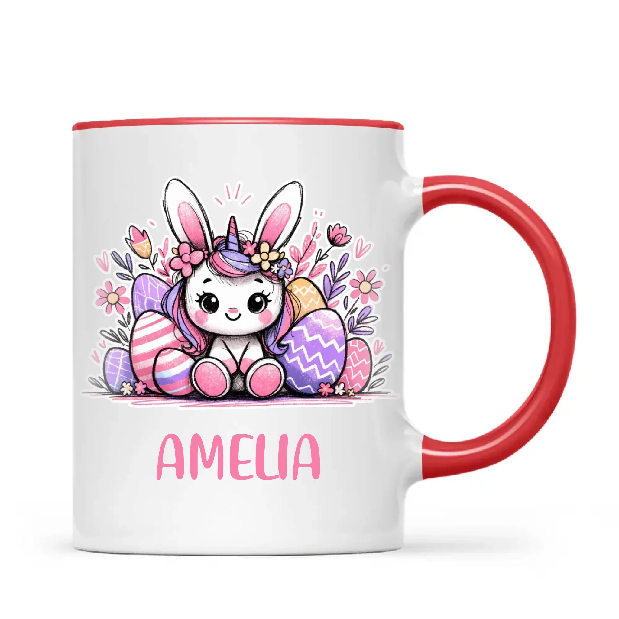 Personalised Easter Bunnycorn Mug – Custom Name Cup for Girls – Cute Unicorn Bunny with Flowers & Eggs – Ceramic or Enamel – NZ Made Gift