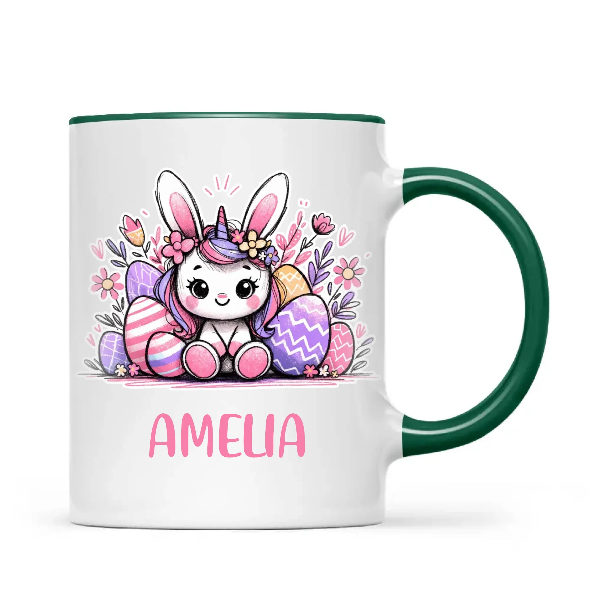 Personalised Easter Bunnycorn Mug – Custom Name Cup for Girls – Cute Unicorn Bunny with Flowers & Eggs – Ceramic or Enamel – NZ Made Gift