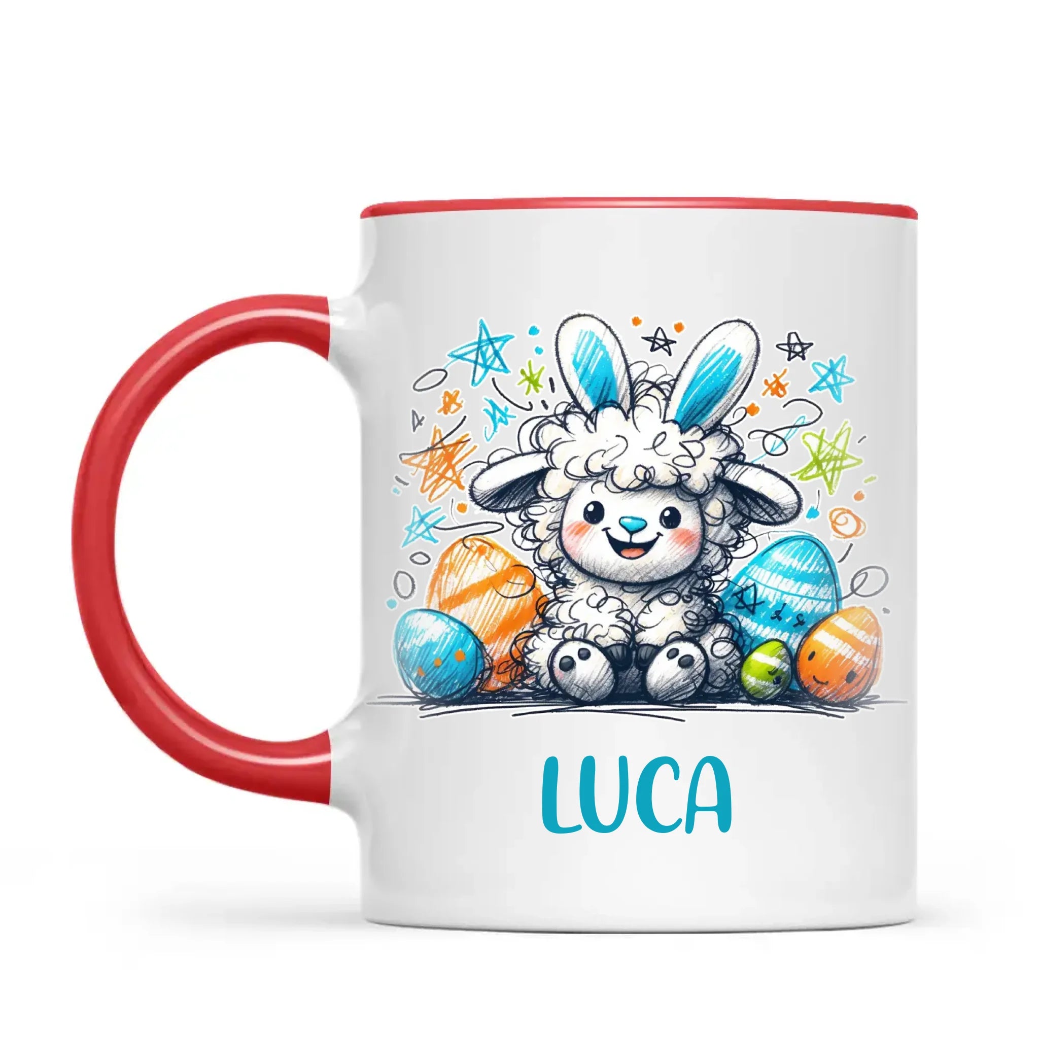 Personalised Easter Mug – Cute Boy Lamb with Bunny Ears & Eggs – Custom Name Kids Cup – Ceramic or Enamel – NZ Made Gift