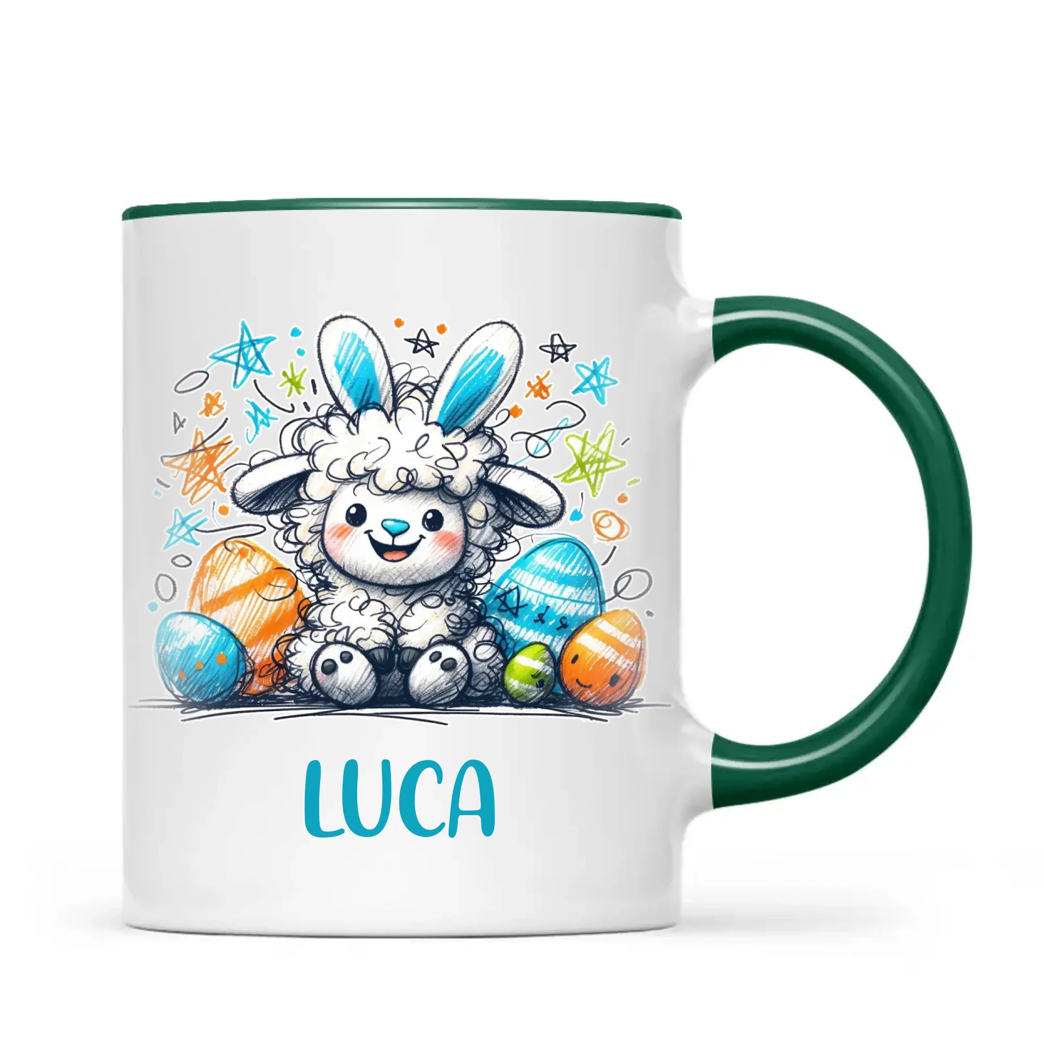 Personalised Easter Mug – Cute Boy Lamb with Bunny Ears & Eggs – Custom Name Kids Cup – Ceramic or Enamel – NZ Made Gift