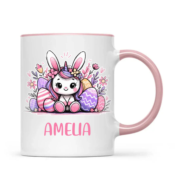 Personalised Easter Bunnycorn Mug – Custom Name Cup for Girls – Cute Unicorn Bunny with Flowers & Eggs – Ceramic or Enamel – NZ Made Gift