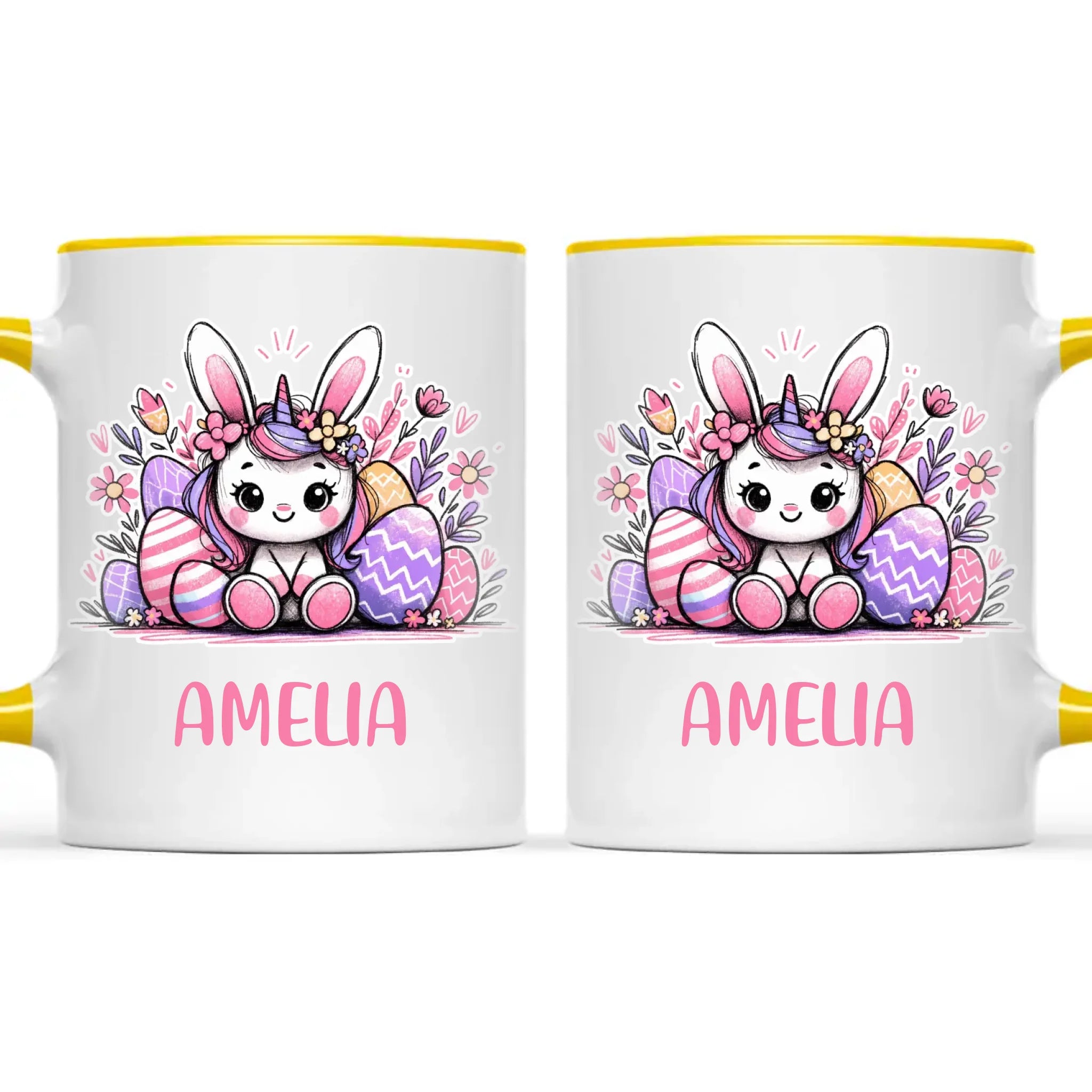 Personalised Easter Bunnycorn Mug – Custom Name Cup for Girls – Cute Unicorn Bunny with Flowers & Eggs – Ceramic or Enamel – NZ Made Gift