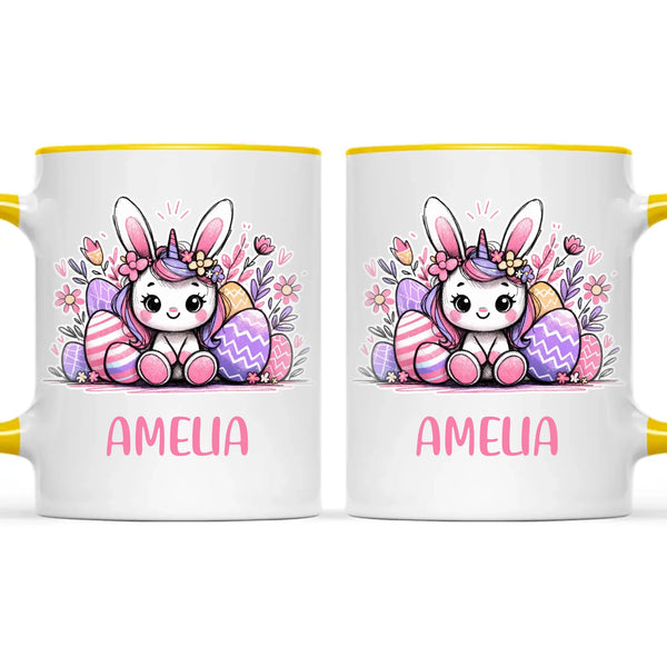 Personalised Easter Bunnycorn Mug – Custom Name Cup for Girls – Cute Unicorn Bunny with Flowers & Eggs – Ceramic or Enamel – NZ Made Gift