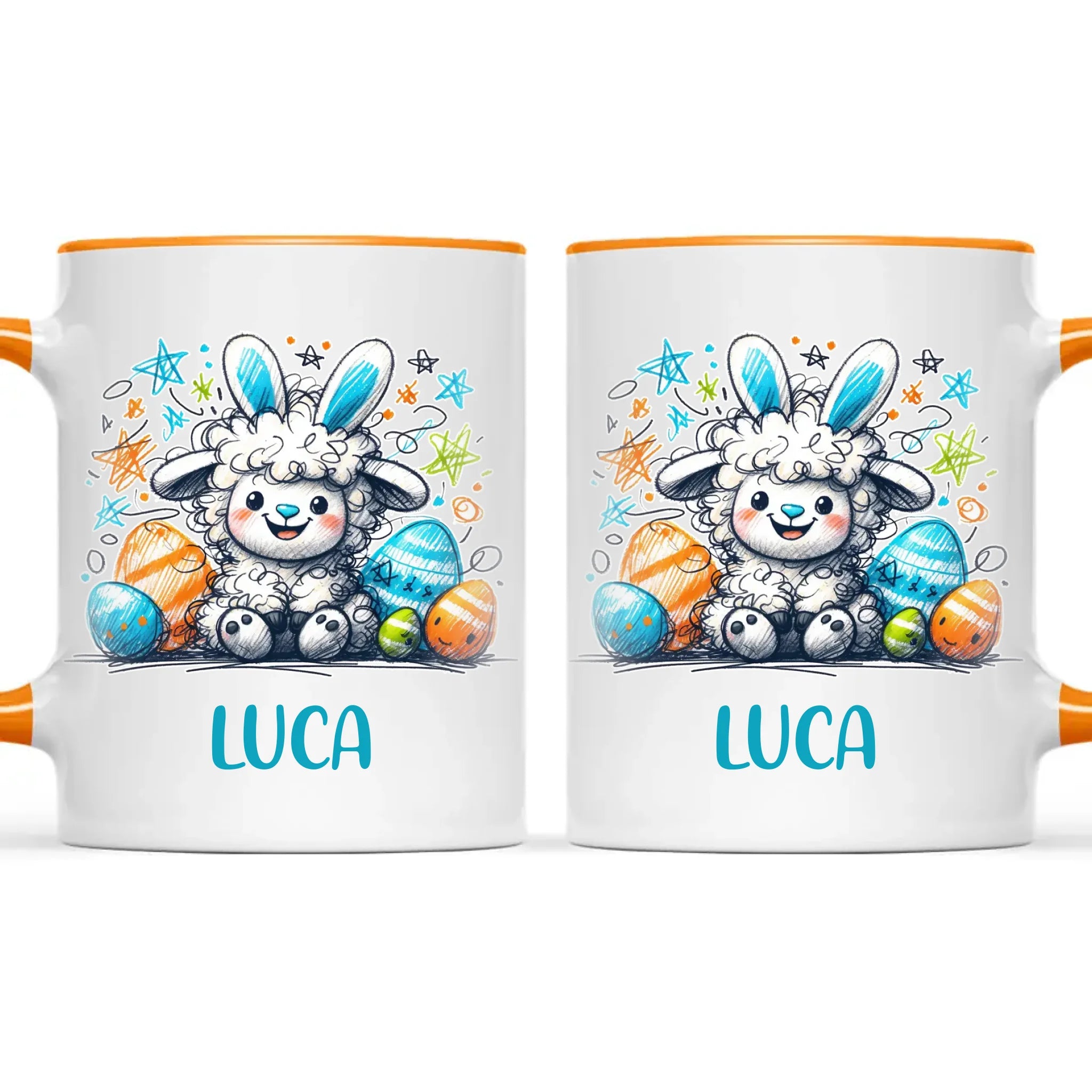 Personalised Easter Mug – Cute Boy Lamb with Bunny Ears & Eggs – Custom Name Kids Cup – Ceramic or Enamel – NZ Made Gift