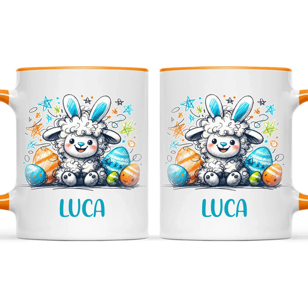 Personalised Easter Mug – Cute Boy Lamb with Bunny Ears & Eggs – Custom Name Kids Cup – Ceramic or Enamel – NZ Made Gift