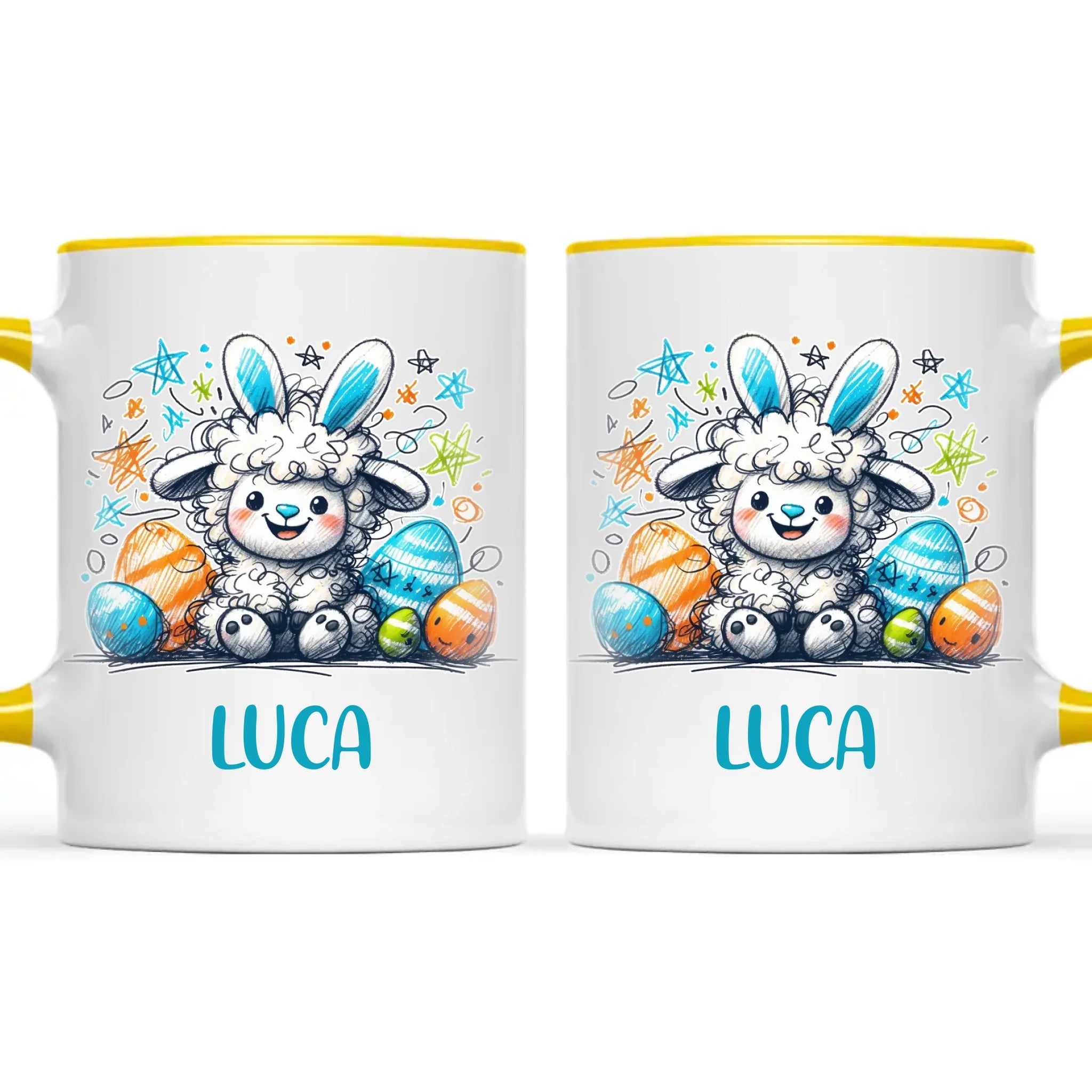 Personalised Easter Mug – Cute Boy Lamb with Bunny Ears & Eggs – Custom Name Kids Cup – Ceramic or Enamel – NZ Made Gift